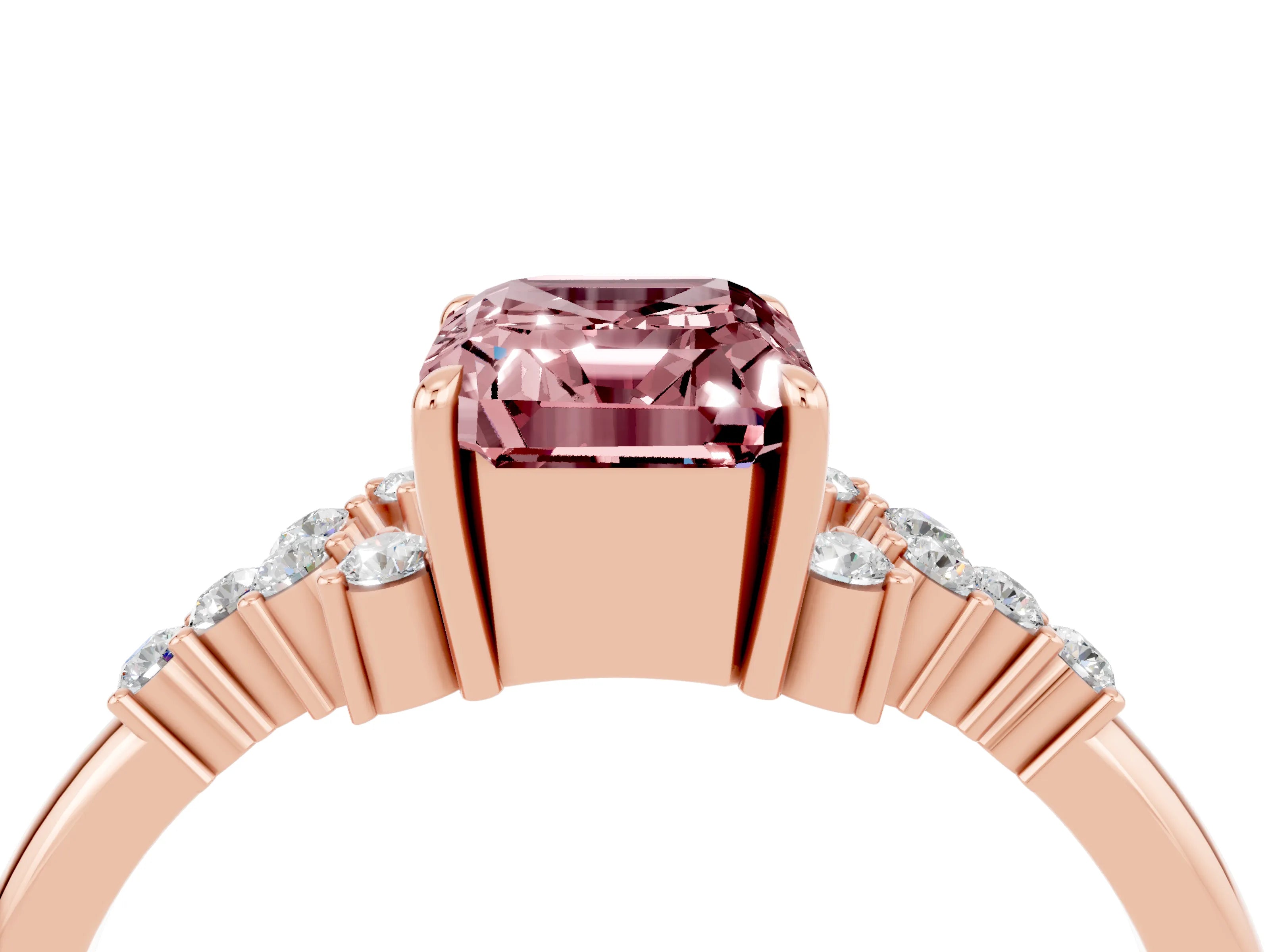Rose gold Emerald Cut Morganite Ring with Side Stones and Four-Prong Setting_40