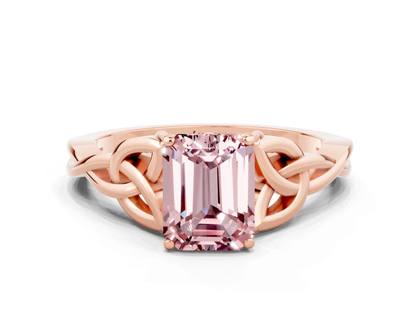 Rose gold Emerald Cut Morganite Solitaire Celtic Knot Ring with Four-Prong Setting