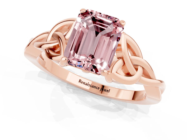 Rose gold Emerald Cut Morganite Solitaire Celtic Knot Ring with Four-Prong Setting
