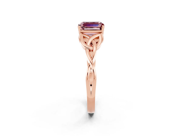 Rose gold Emerald Cut Morganite Solitaire Celtic Knot Ring with Four-Prong Setting