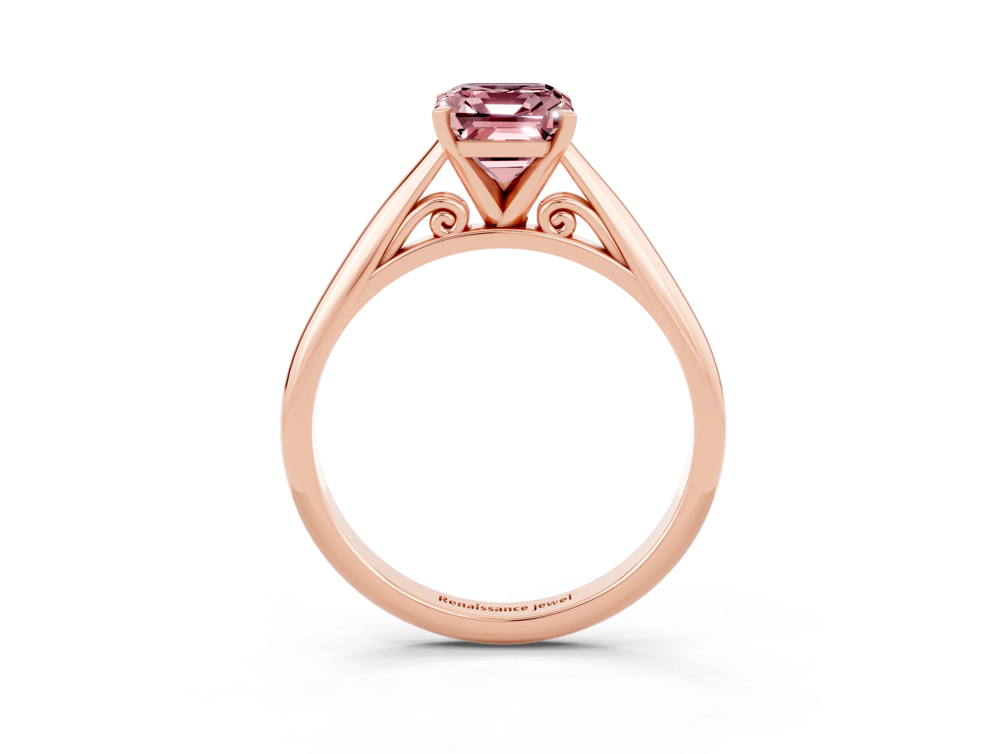 Rose gold Emerald Cut Morganite Solitaire Engagement Ring with Cathedral Setting and Four-Prong Mount_15