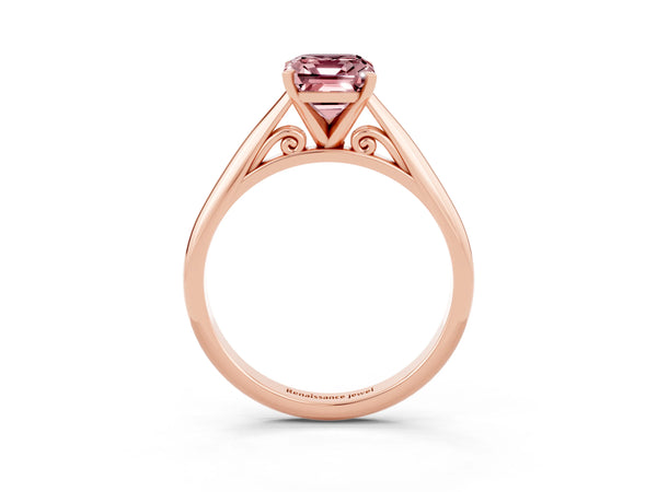 Rose gold Emerald Cut Morganite Solitaire Engagement Ring with Cathedral Setting and Four-Prong Mount