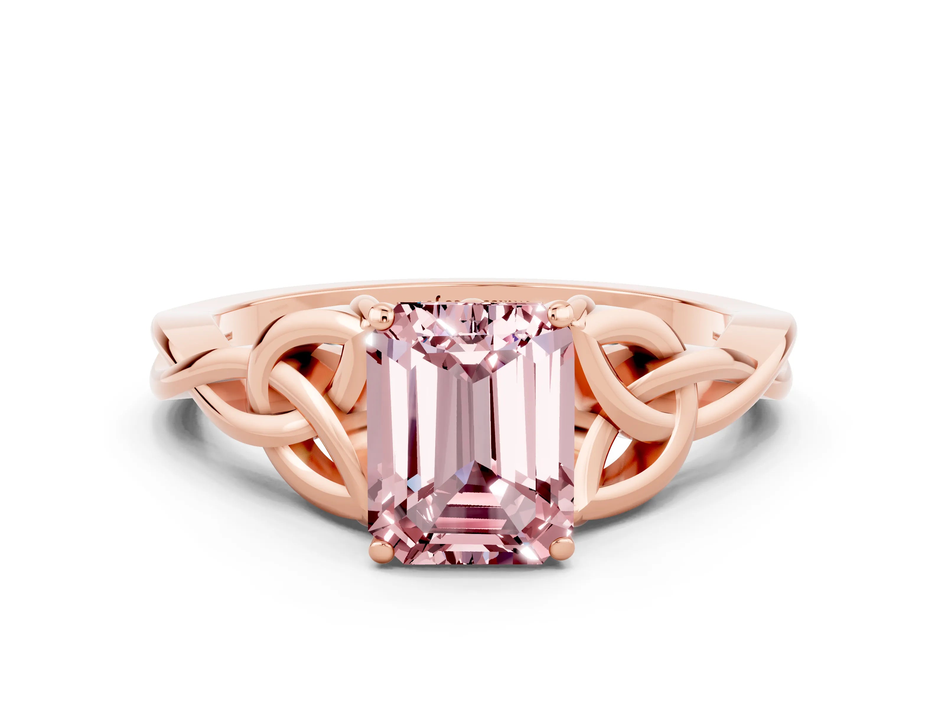 Rose gold Emerald Cut Morganite Solitaire Engagement Ring with Celtic Knot Band and Four-Prong Setting