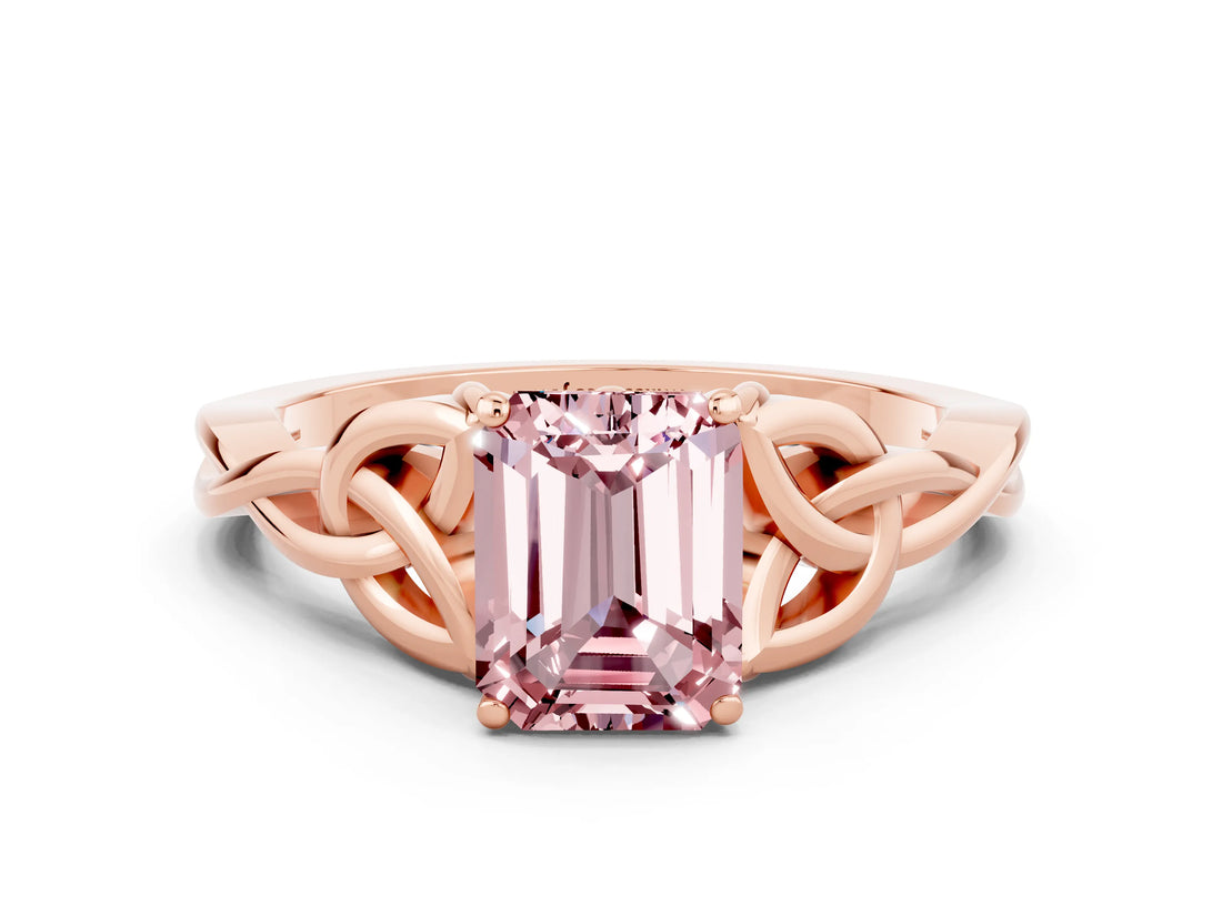 Rose gold Emerald Cut Morganite Solitaire Engagement Ring with Celtic Knot Band and Four-Prong Setting
