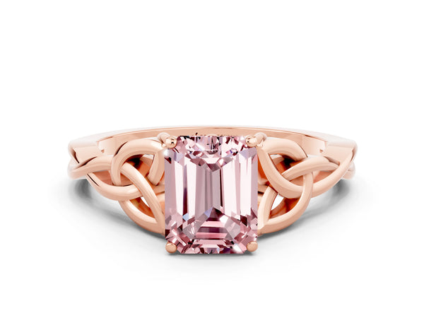 Rose gold Emerald Cut Morganite Solitaire Engagement Ring with Celtic Knot Band and Four-Prong Setting