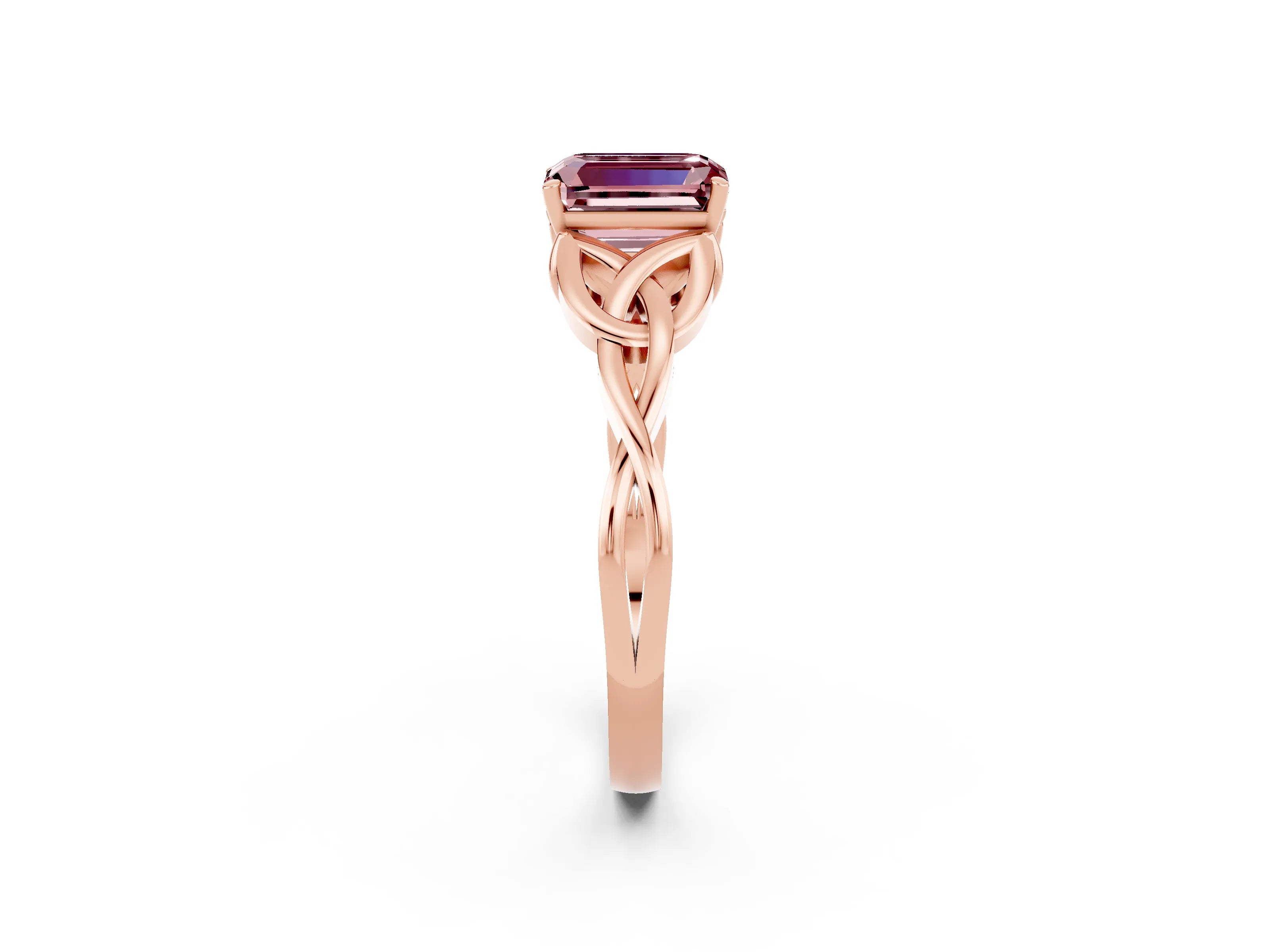 Rose gold Emerald Cut Morganite Solitaire Engagement Ring with Celtic Knot Band and Four-Prong Setting_2