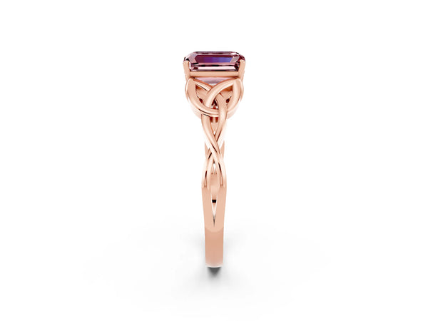 Rose gold Emerald Cut Morganite Solitaire Engagement Ring with Celtic Knot Band and Four-Prong Setting