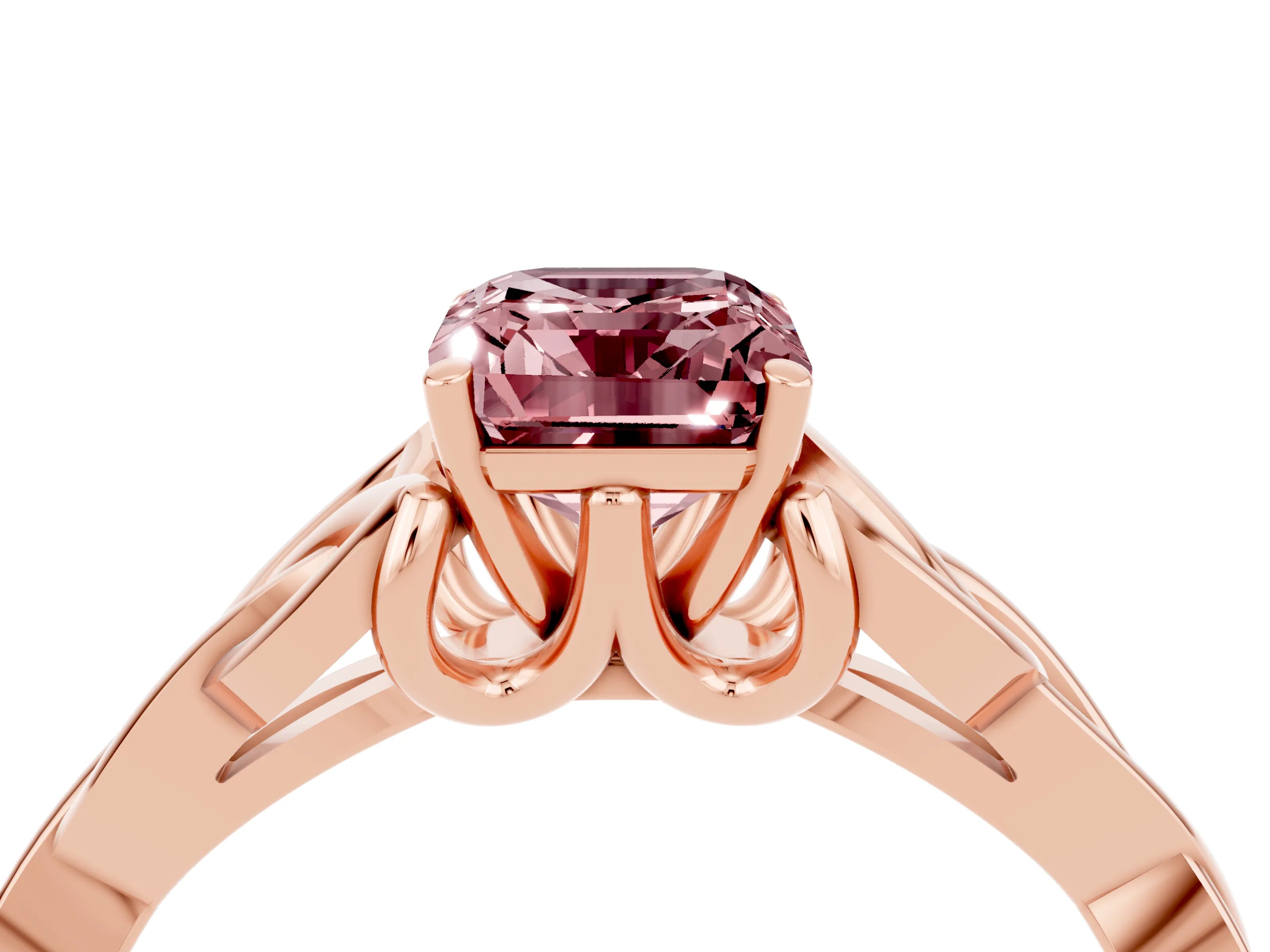 Rose gold Emerald Cut Morganite Solitaire Engagement Ring with Celtic Knot Band and Four-Prong Setting_4