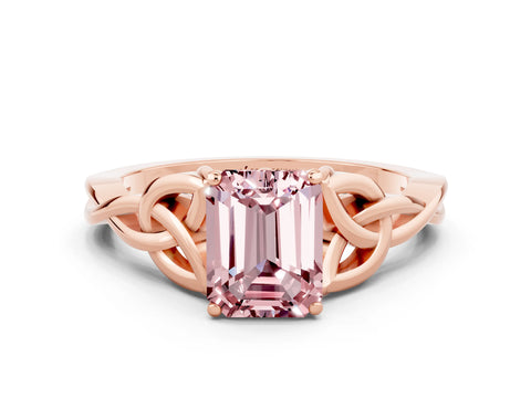 Rose gold Emerald Cut Morganite Solitaire Engagement Ring with Celtic Knot Band and Four-Prong Setting