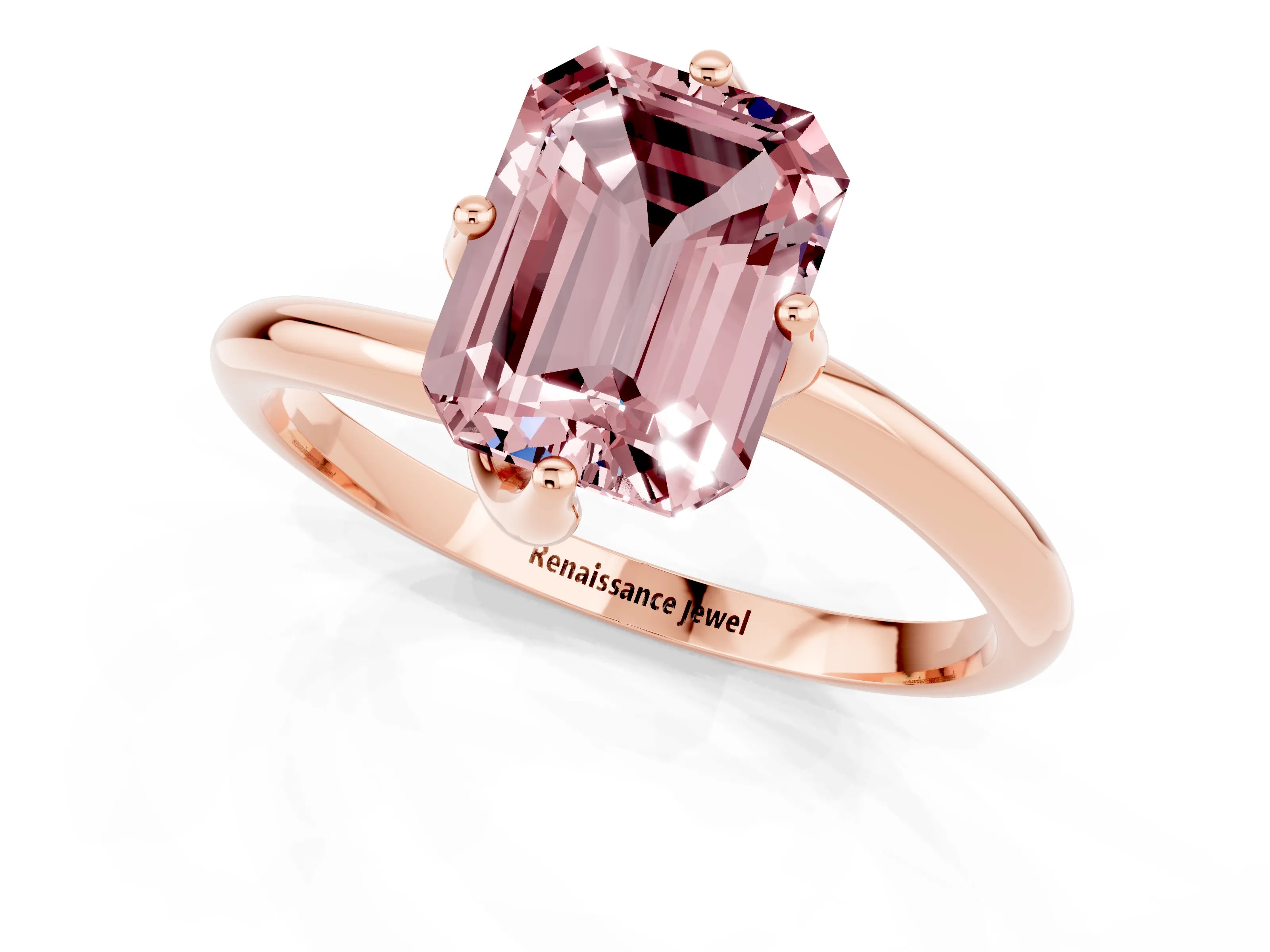Rose gold Emerald Cut Morganite Solitaire Engagement Ring with Four-Prong Setting and Classic Band_13