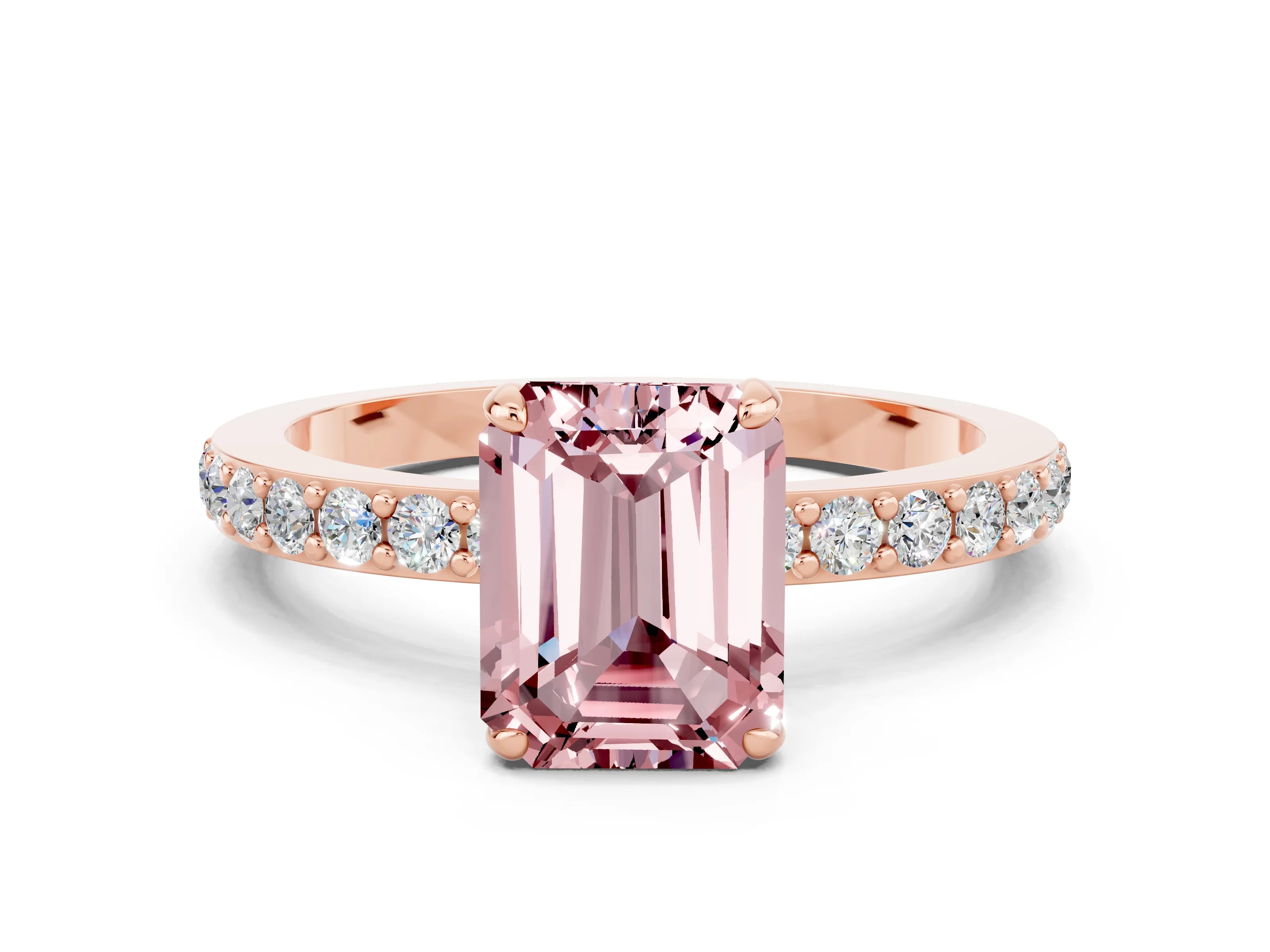 Rose gold Emerald Cut Morganite Solitaire Engagement Ring with Pavé Band and Four-Prong Setting