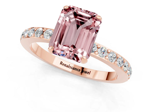 Rose gold Emerald Cut Morganite Solitaire Engagement Ring with Pavé Band and Four-Prong Setting_1