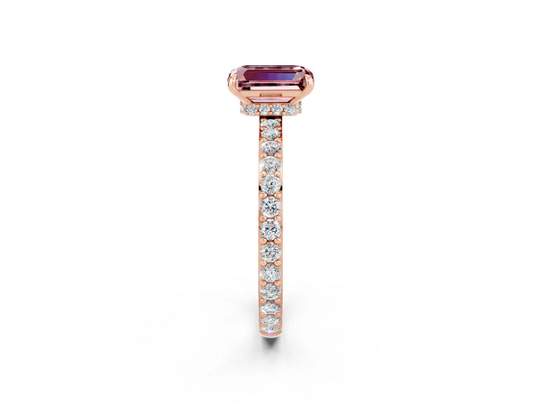 Rose gold Emerald Cut Morganite Solitaire Engagement Ring with Pavé Band and Four-Prong Setting