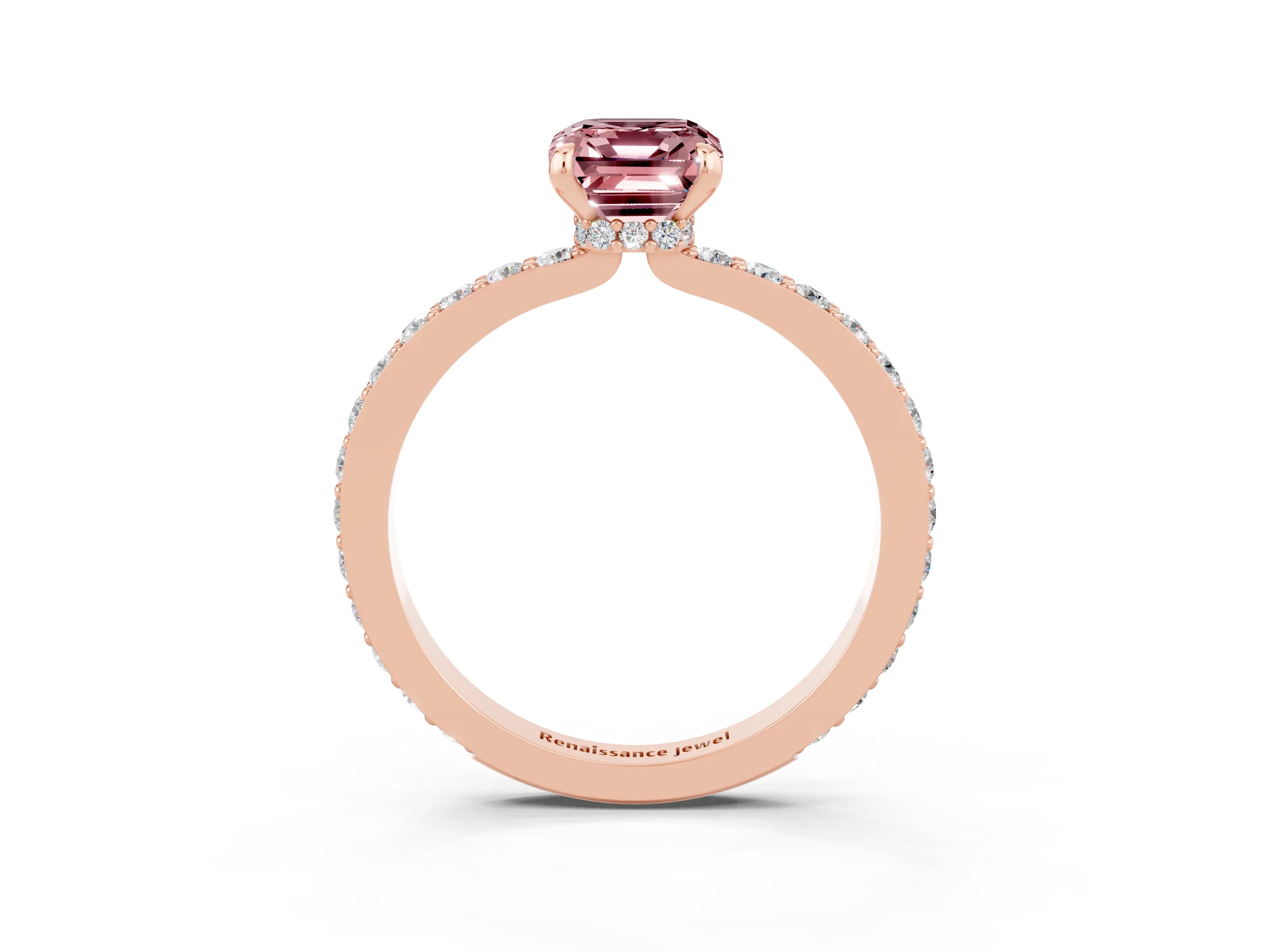 Rose gold Emerald Cut Morganite Solitaire Engagement Ring with Pavé Band and Four-Prong Setting_3