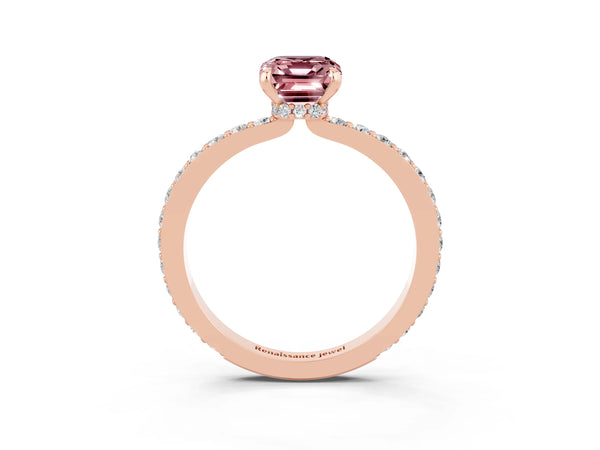 Rose gold Emerald Cut Morganite Solitaire Engagement Ring with Pavé Band and Four-Prong Setting