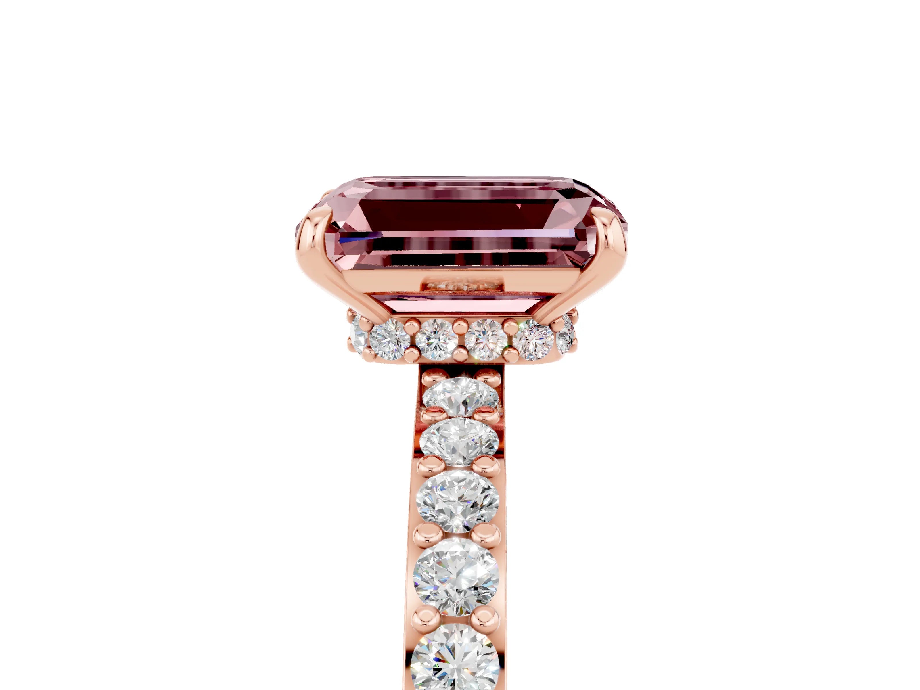 Rose gold Emerald Cut Morganite Solitaire Engagement Ring with Pavé Band and Four-Prong Setting_5