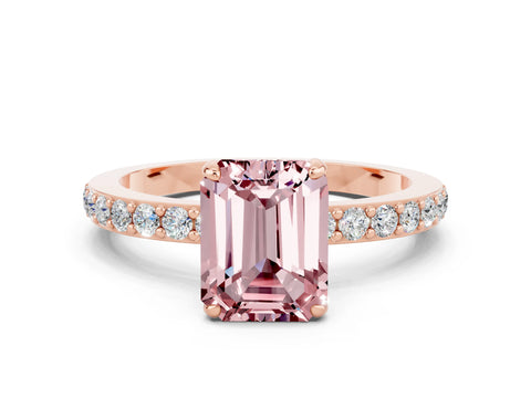 Rose gold Emerald Cut Morganite Solitaire Engagement Ring with Pavé Band and Four-Prong Setting