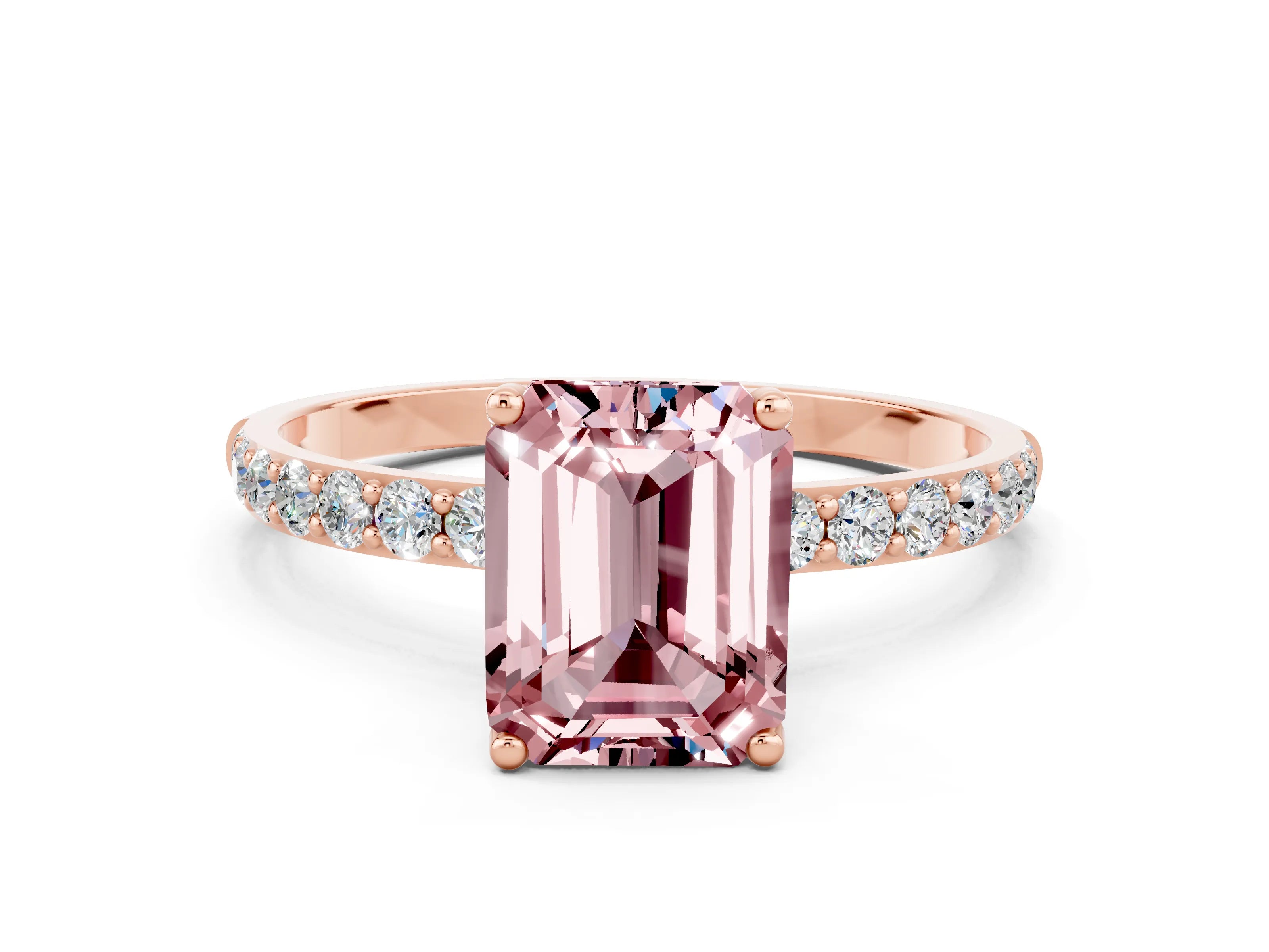 Rose gold Emerald Cut Morganite Solitaire Engagement Ring with Pavé Band and Prong Setting