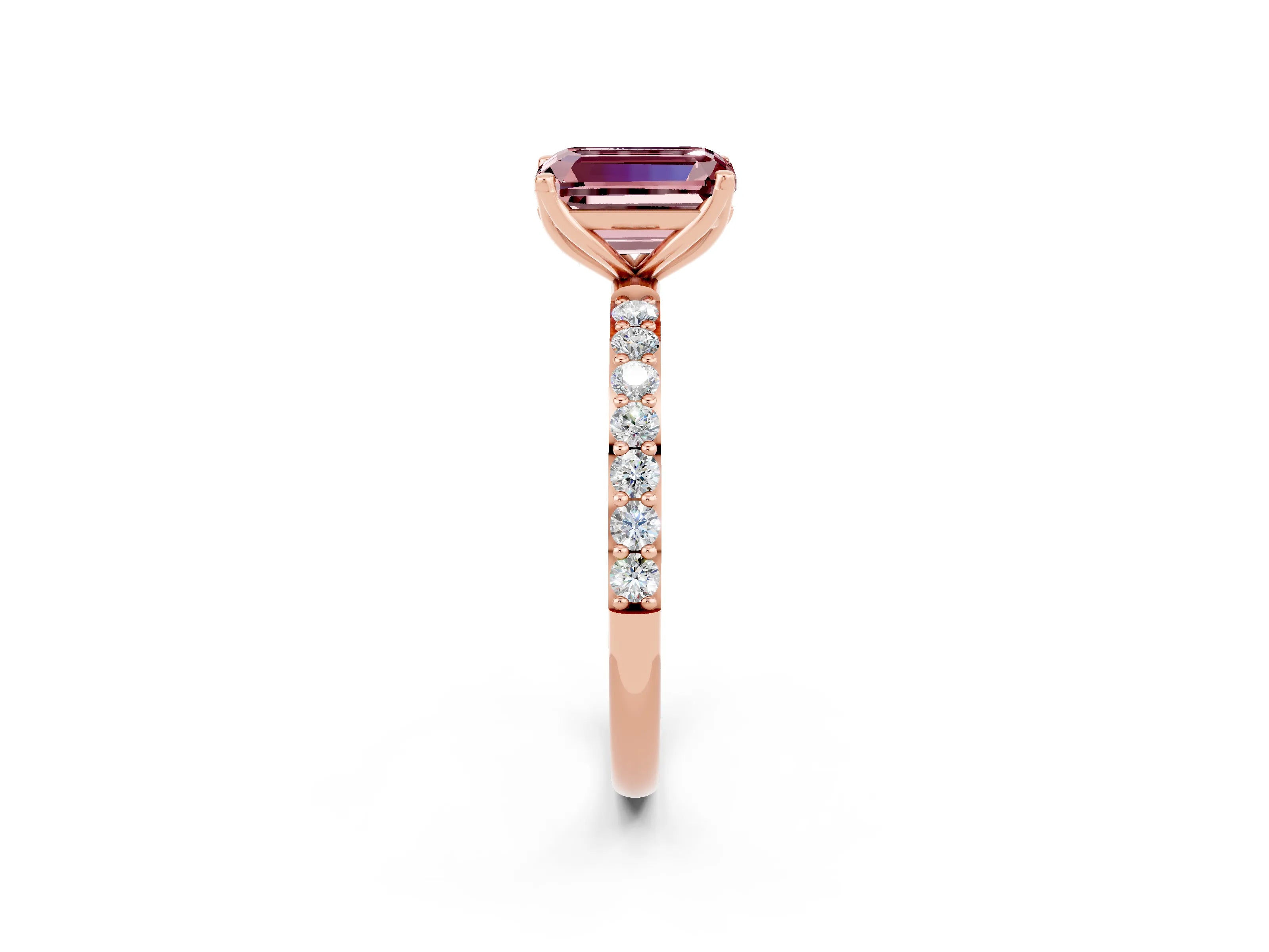 Rose gold Emerald Cut Morganite Solitaire Engagement Ring with Pavé Band and Prong Setting_2