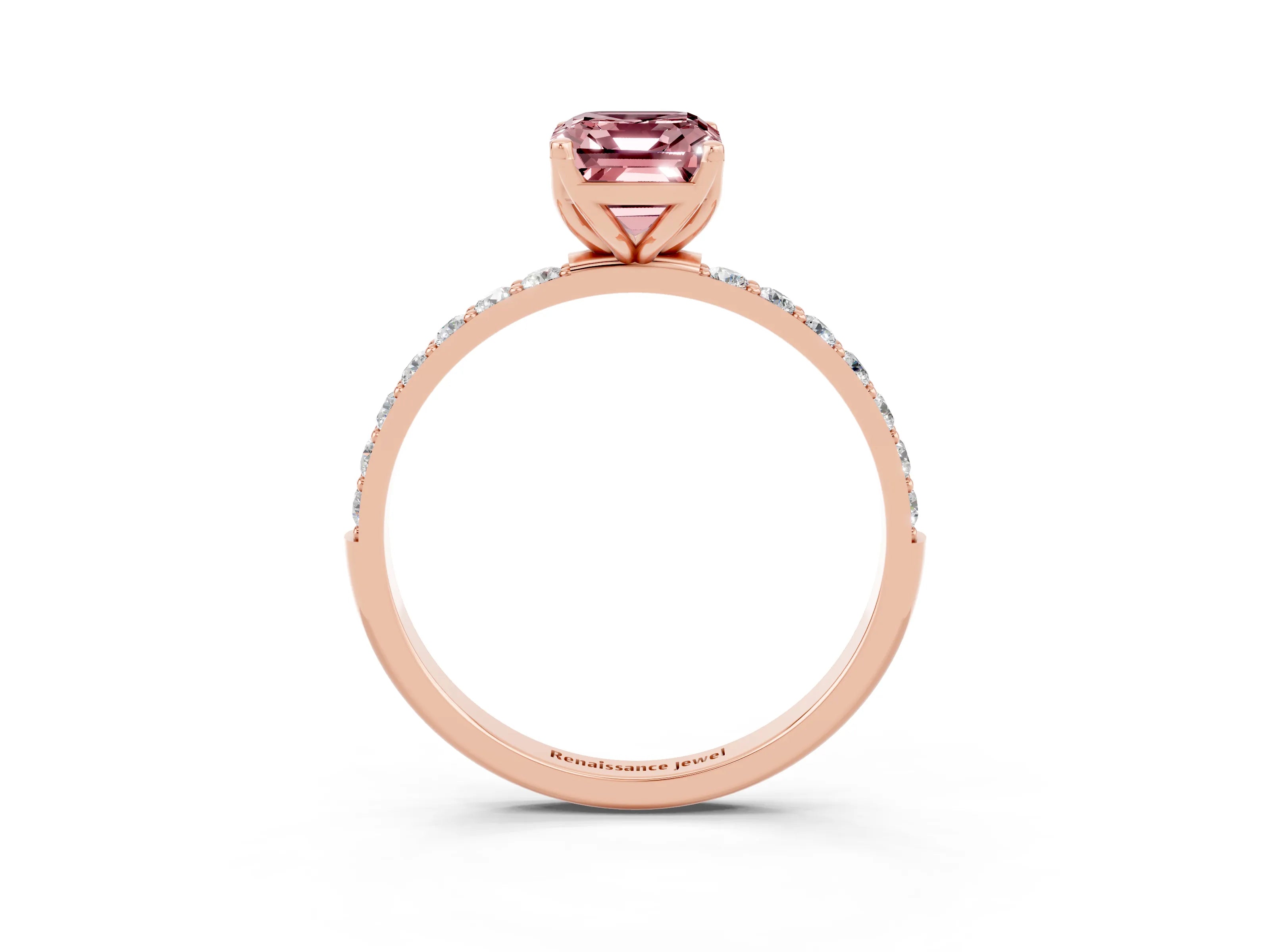 Rose gold Emerald Cut Morganite Solitaire Engagement Ring with Pavé Band and Prong Setting_3