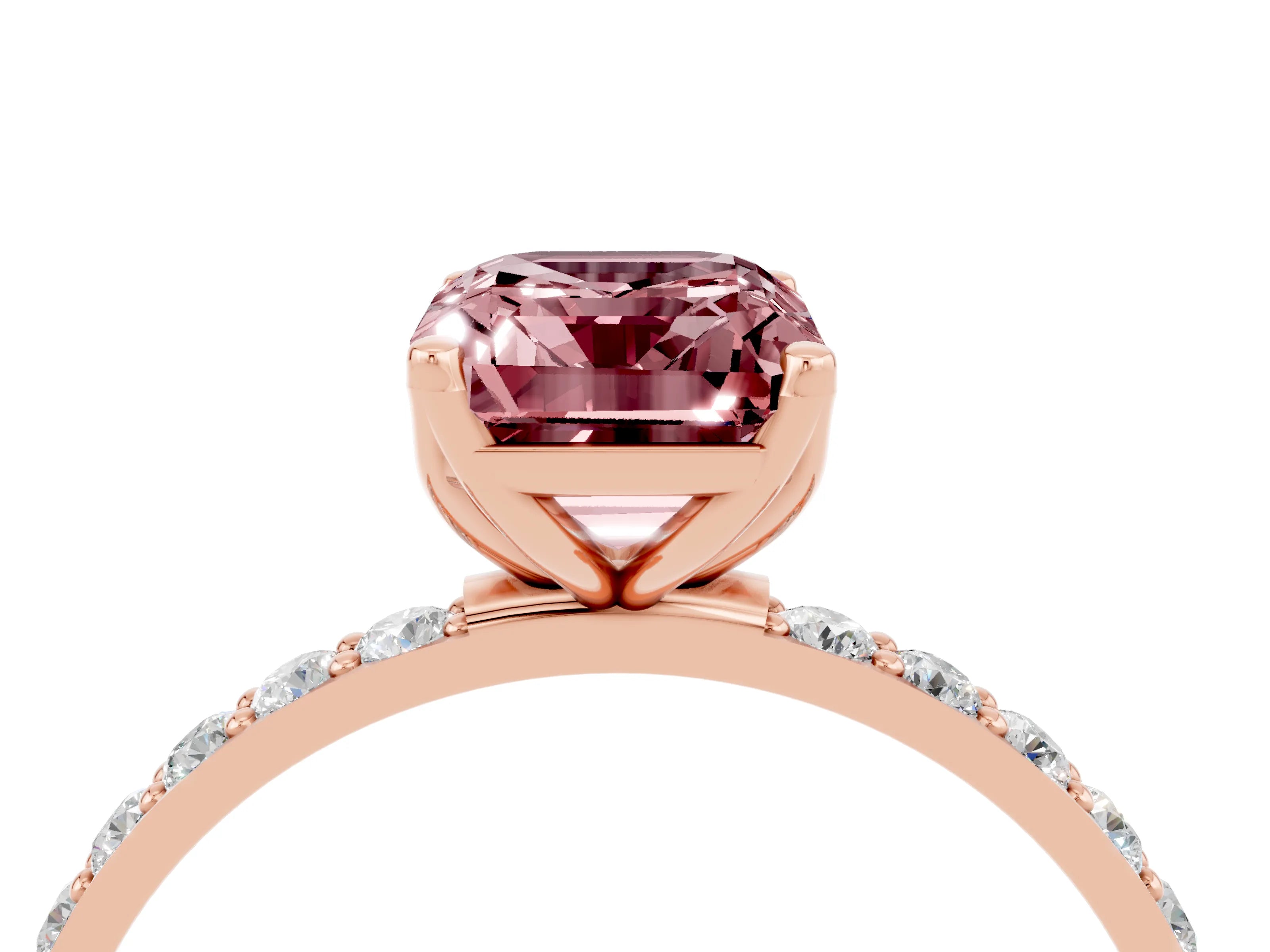 Rose gold Emerald Cut Morganite Solitaire Engagement Ring with Pavé Band and Prong Setting_4