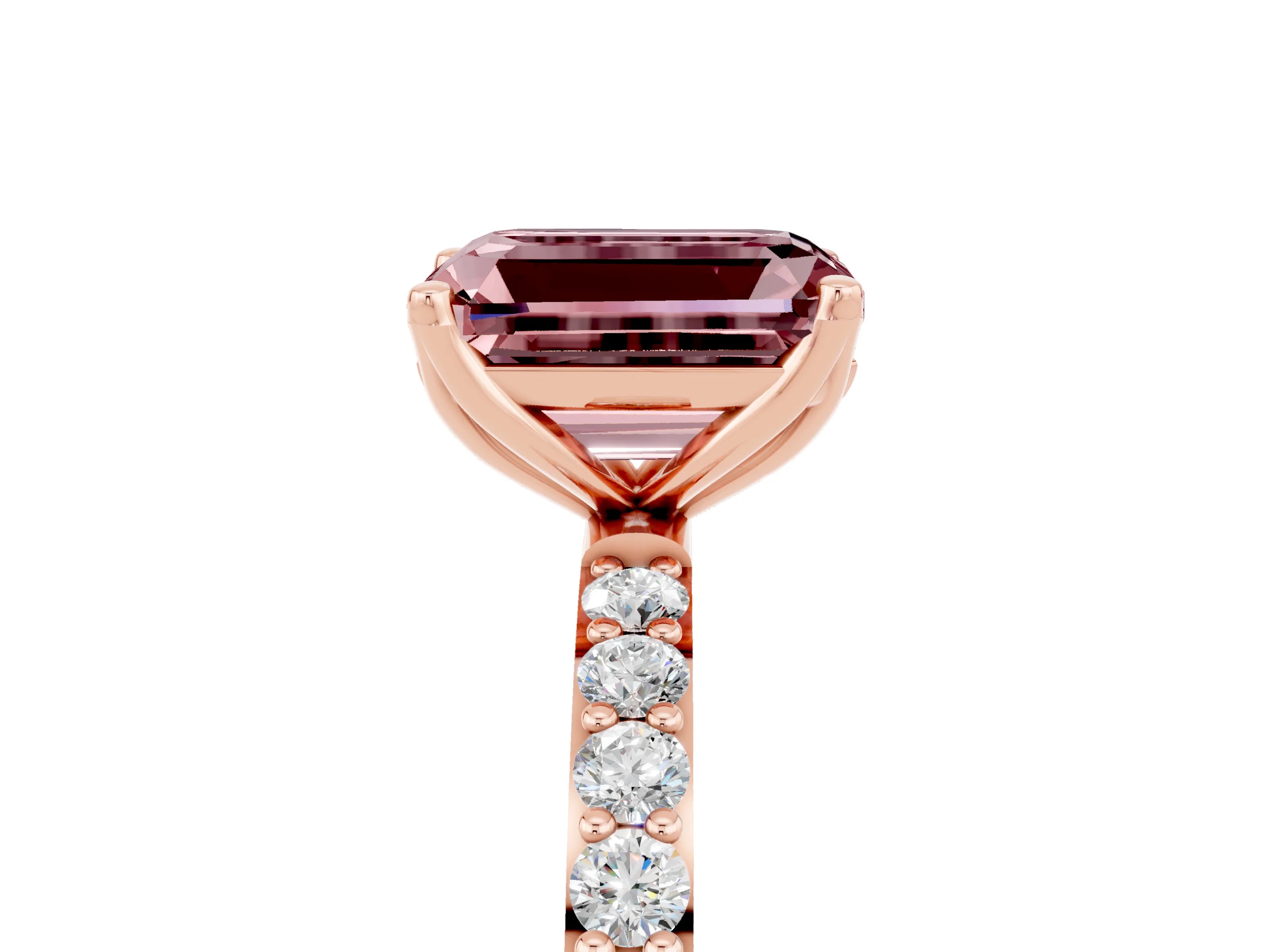 Rose gold Emerald Cut Morganite Solitaire Engagement Ring with Pavé Band and Prong Setting_5