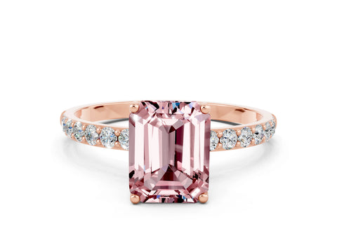 Rose gold Emerald Cut Morganite Solitaire Engagement Ring with Pavé Band and Prong Setting
