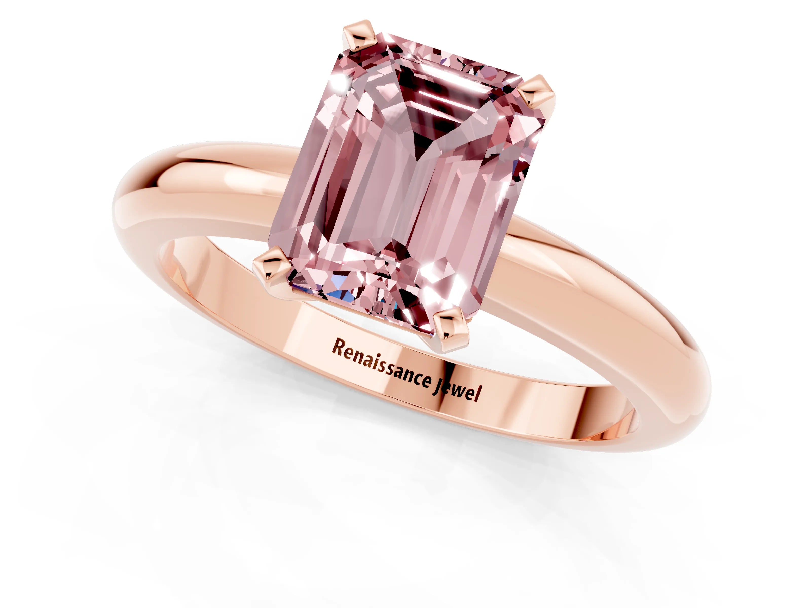 Rose gold Emerald Cut Morganite Solitaire Engagement Ring with Round Band and Four-Prong Setting_1