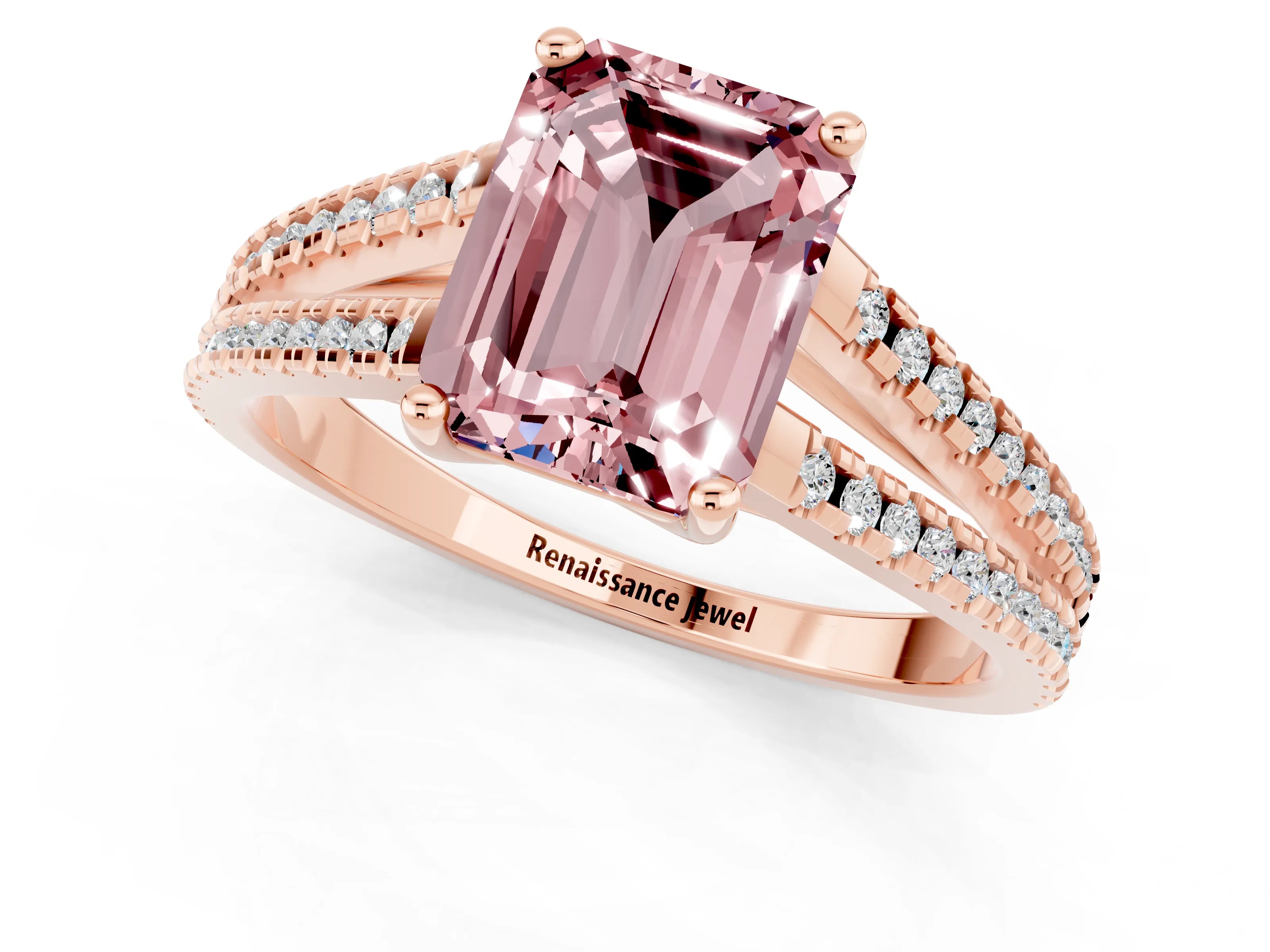 Rose gold Emerald Cut Morganite Solitaire Engagement Ring with Split Shank Pavé Band_1