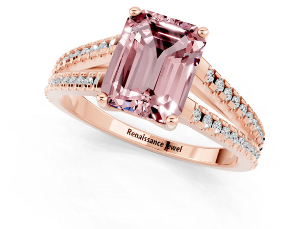 Rose gold Emerald Cut Morganite Solitaire Engagement Ring with Split Shank Pavé Band