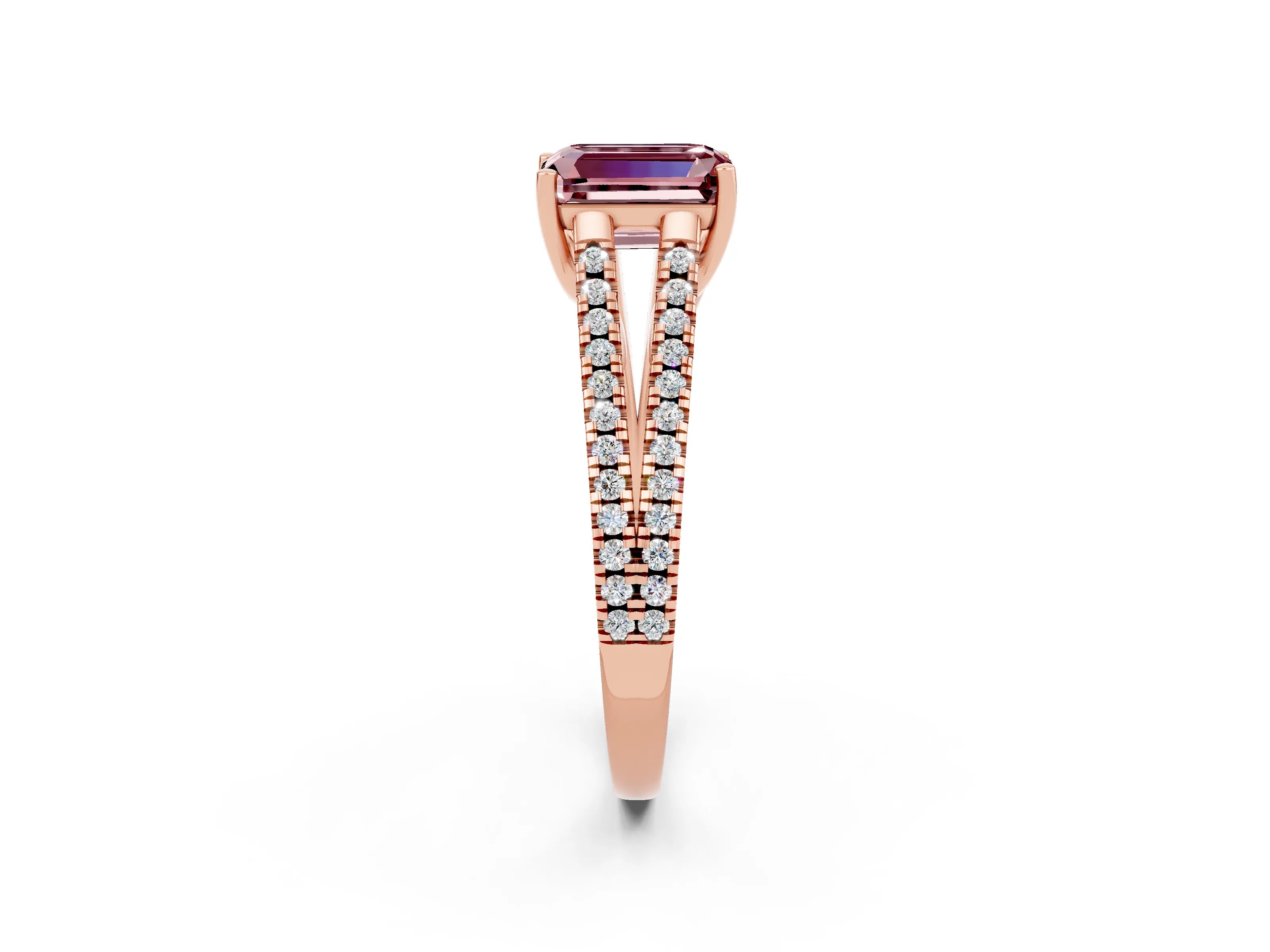 Rose gold Emerald Cut Morganite Solitaire Engagement Ring with Split Shank Pavé Band_2