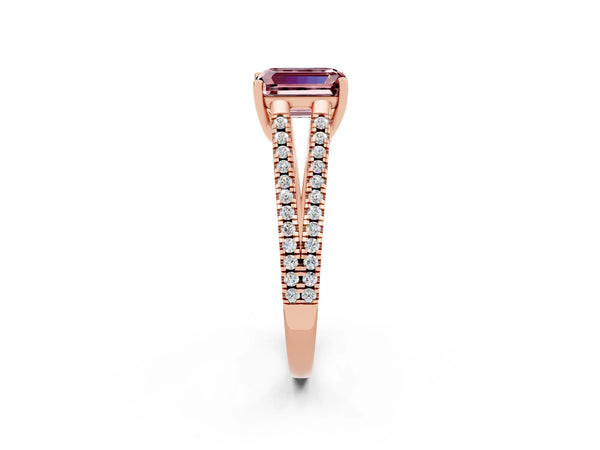 Rose gold Emerald Cut Morganite Solitaire Engagement Ring with Split Shank Pavé Band