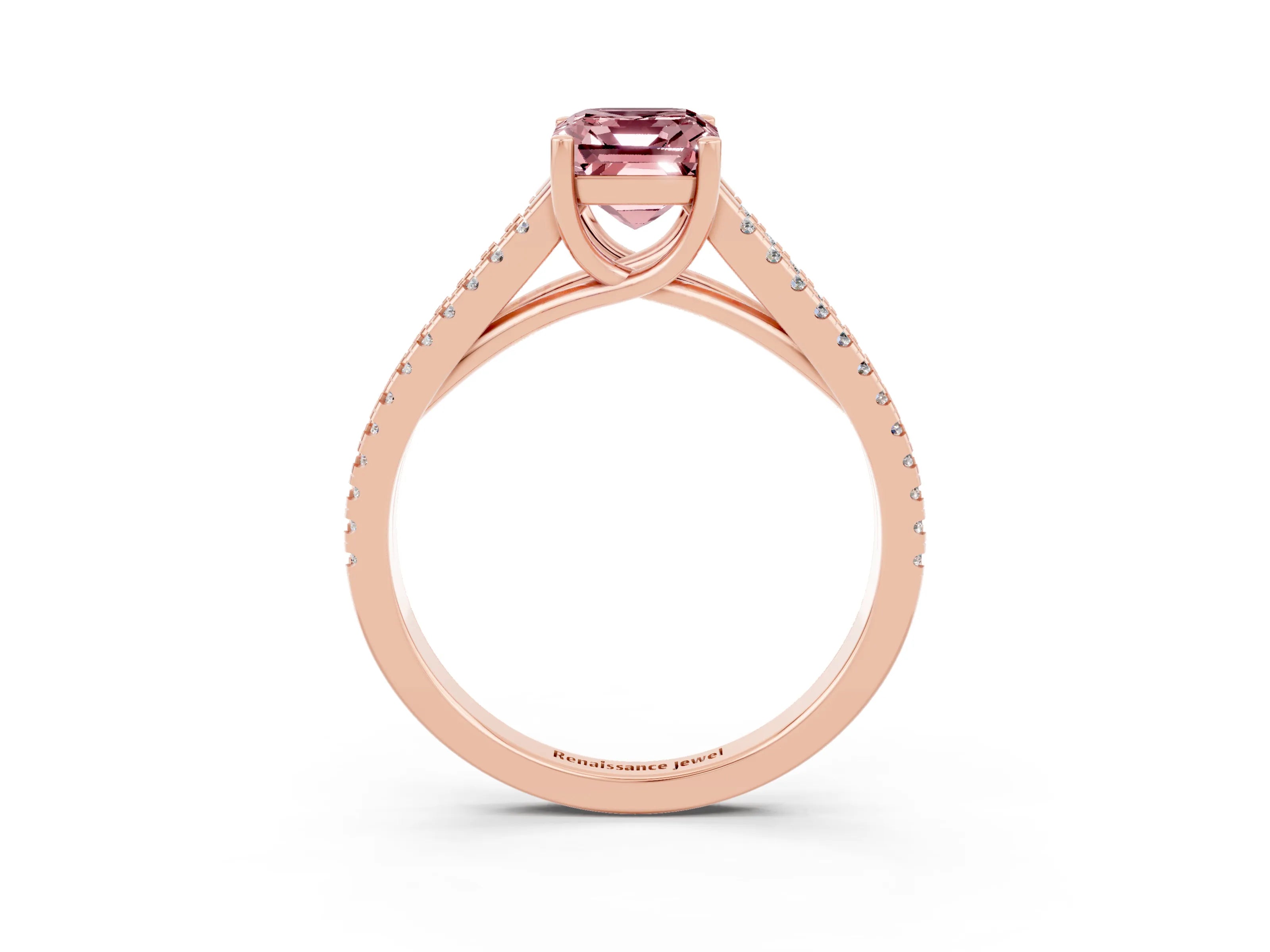 Rose gold Emerald Cut Morganite Solitaire Engagement Ring with Split Shank Pavé Band_3