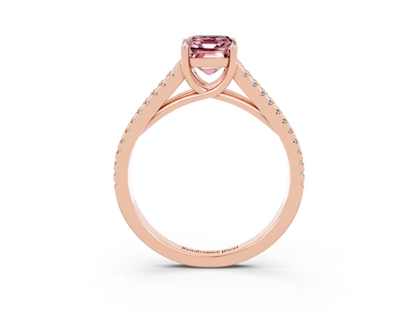 Rose gold Emerald Cut Morganite Solitaire Engagement Ring with Split Shank Pavé Band