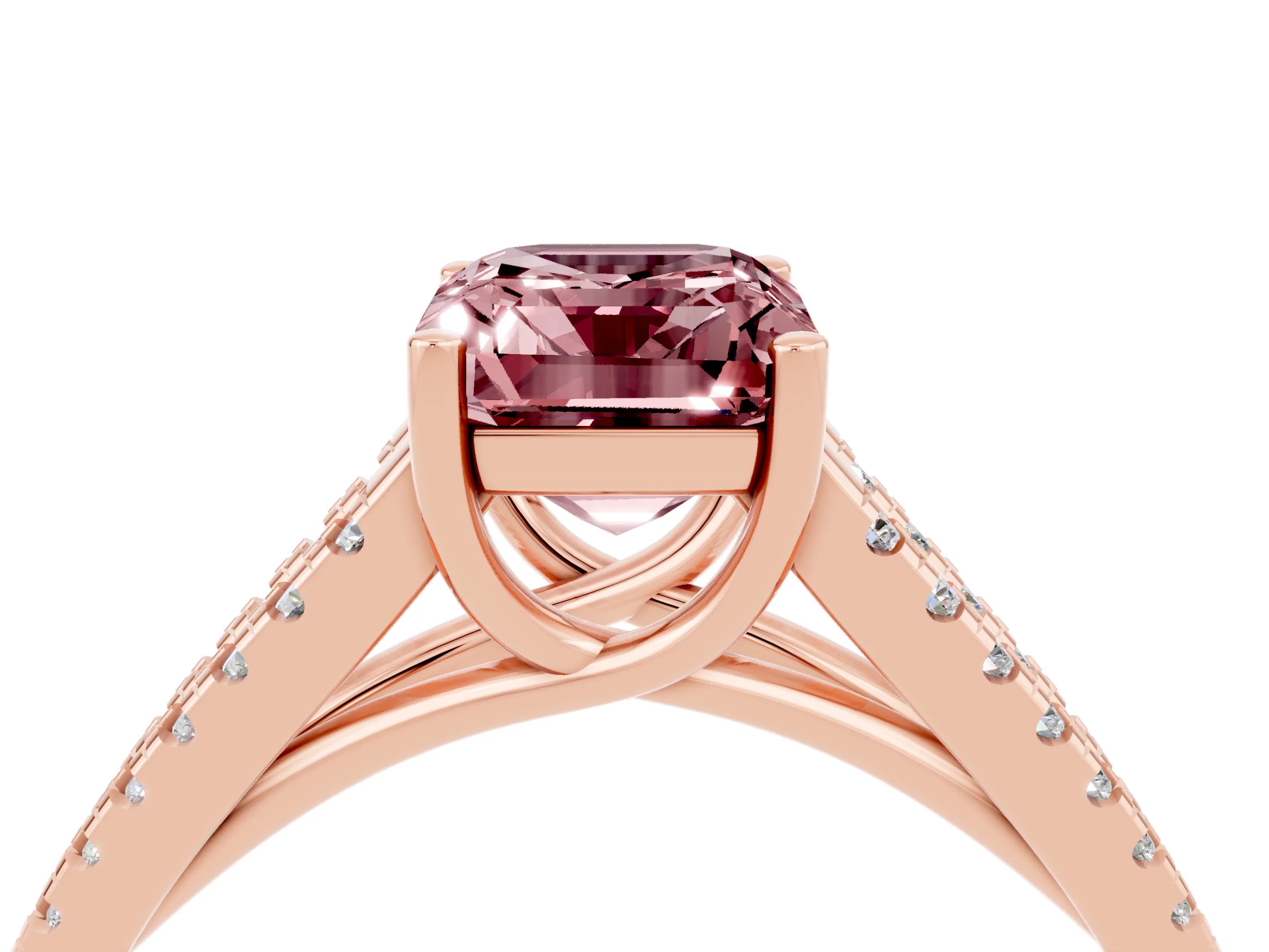 Rose gold Emerald Cut Morganite Solitaire Engagement Ring with Split Shank Pavé Band_4