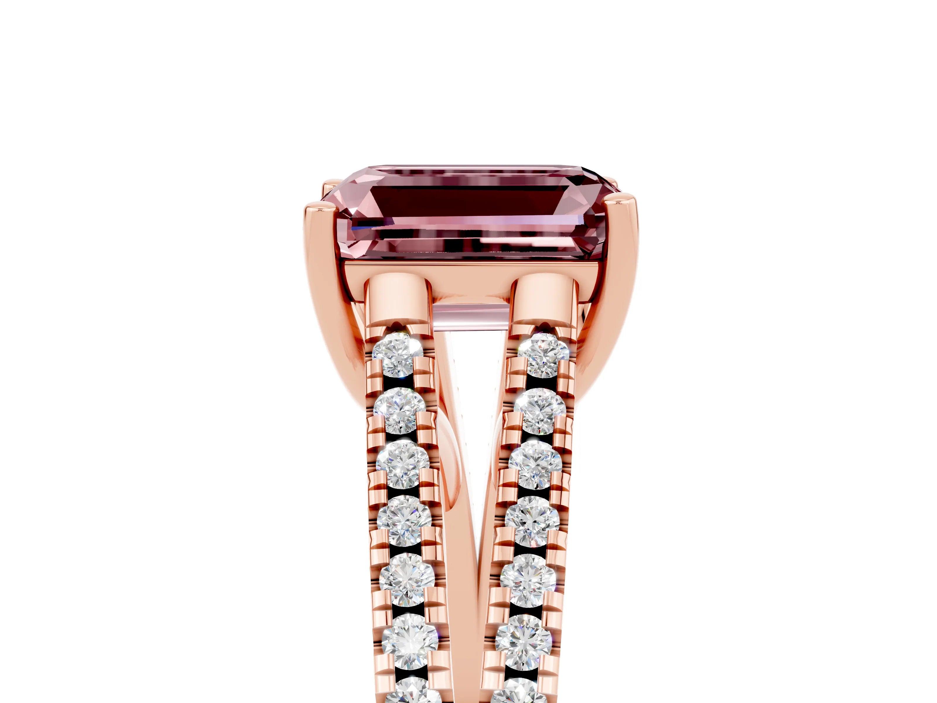 Rose gold Emerald Cut Morganite Solitaire Engagement Ring with Split Shank Pavé Band_5