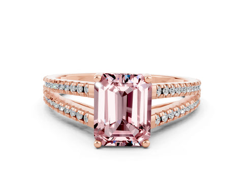 Rose gold Emerald Cut Morganite Solitaire Engagement Ring with Split Shank Pavé Band