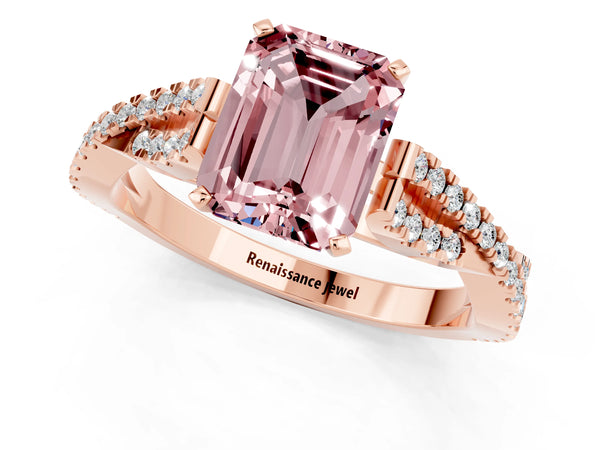 Rose gold Emerald Cut Morganite Solitaire Engagement Ring with Twisted Pavé Band and Four-Prong Setting