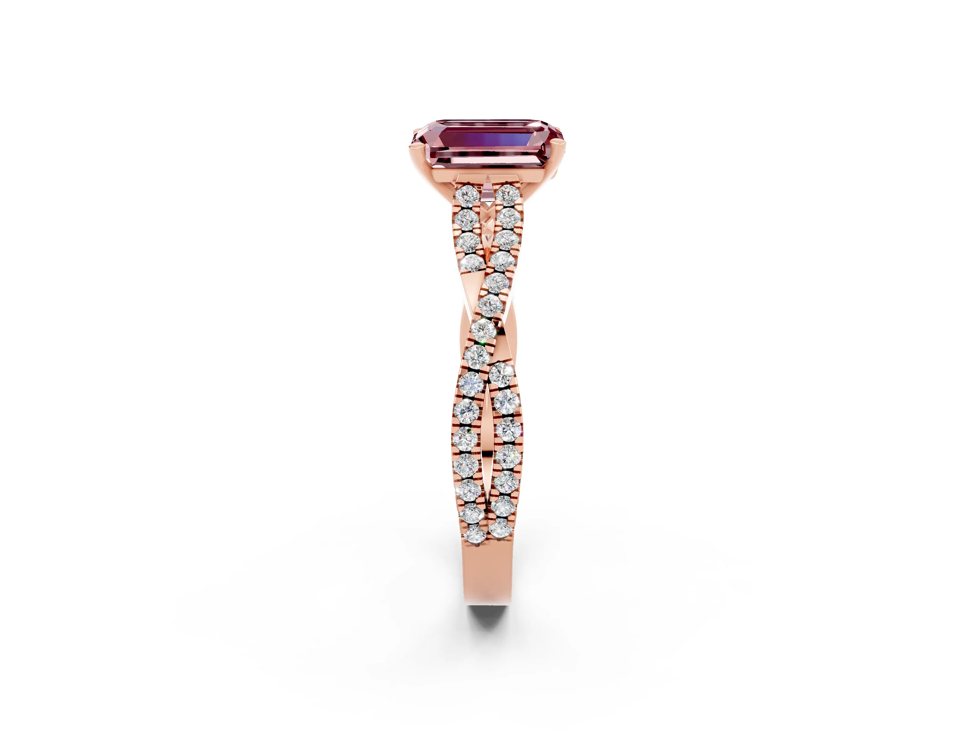 Rose gold Emerald Cut Morganite Solitaire Engagement Ring with Twisted Pavé Band and Four-Prong Setting_2
