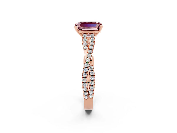 Rose gold Emerald Cut Morganite Solitaire Engagement Ring with Twisted Pavé Band and Four-Prong Setting