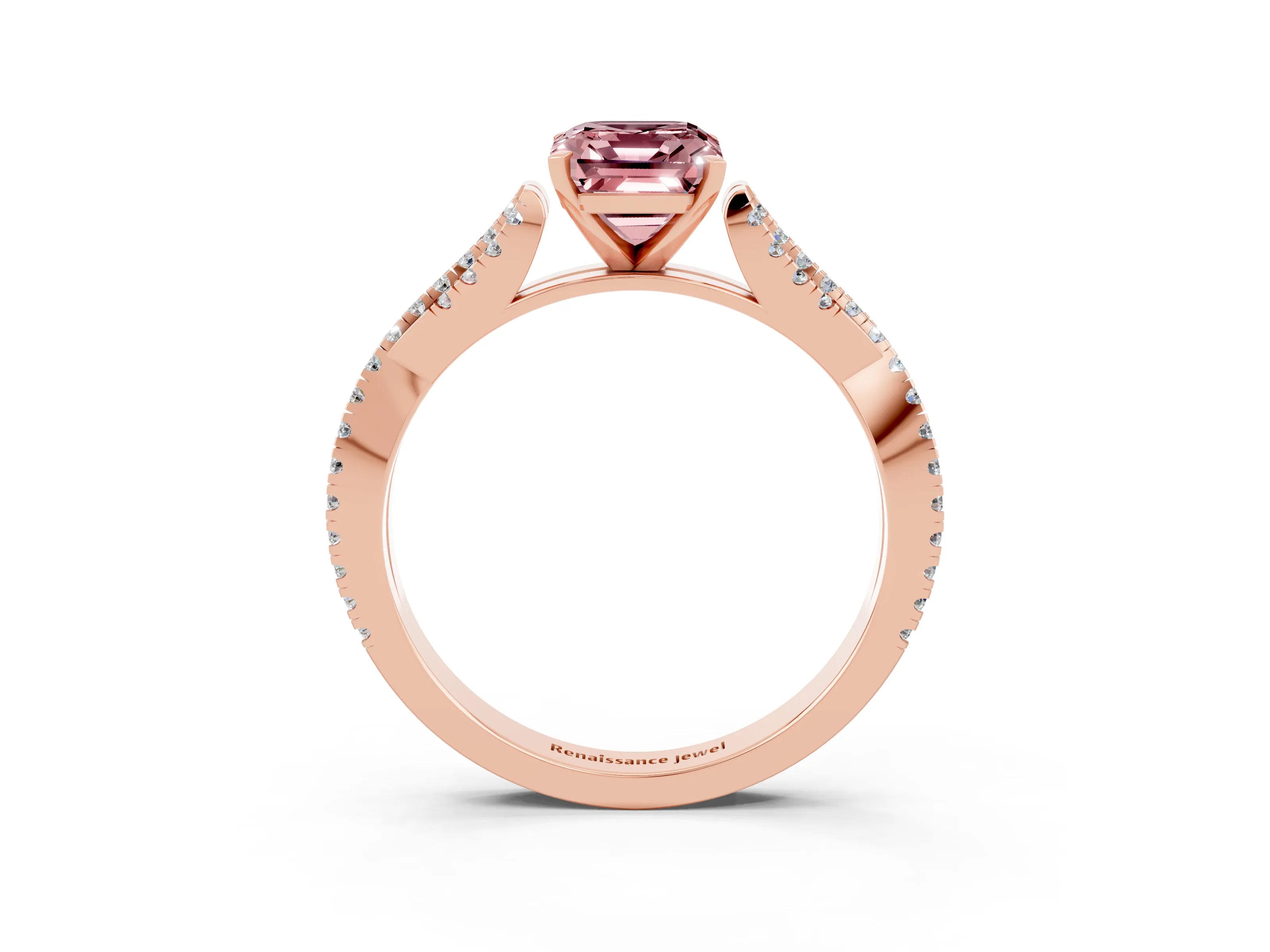 Rose gold Emerald Cut Morganite Solitaire Engagement Ring with Twisted Pavé Band and Four-Prong Setting_3