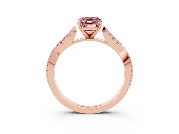 Rose gold Emerald Cut Morganite Solitaire Engagement Ring with Twisted Pavé Band and Four-Prong Setting