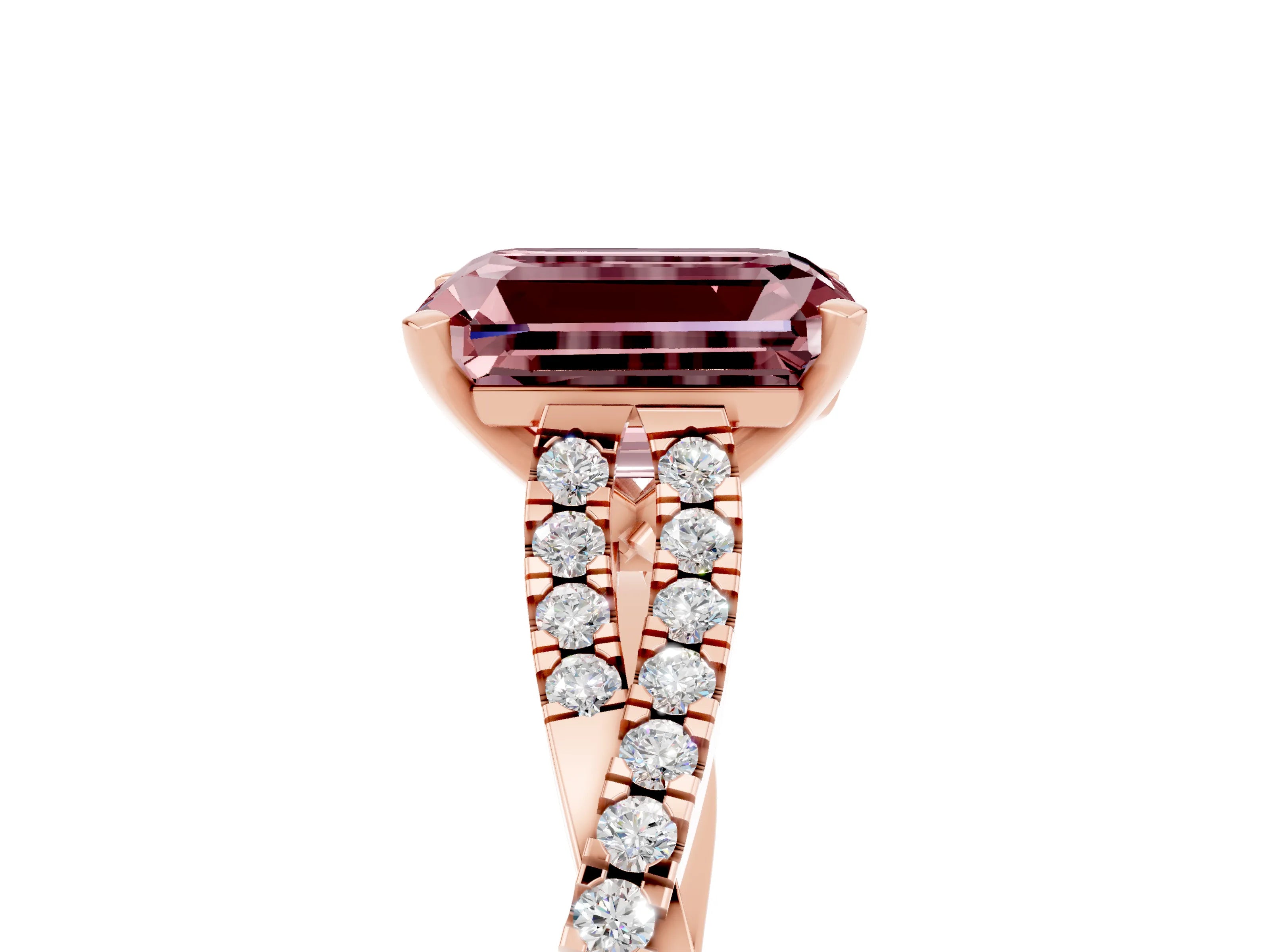 Rose gold Emerald Cut Morganite Solitaire Engagement Ring with Twisted Pavé Band and Four-Prong Setting_5