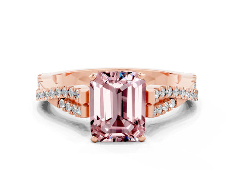 Rose gold Emerald Cut Morganite Solitaire Engagement Ring with Twisted Pavé Band and Four-Prong Setting