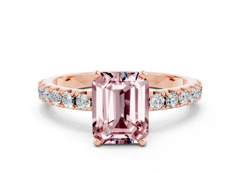 Rose gold Emerald Cut Morganite Solitaire Pavé Band with Four-Prong Setting