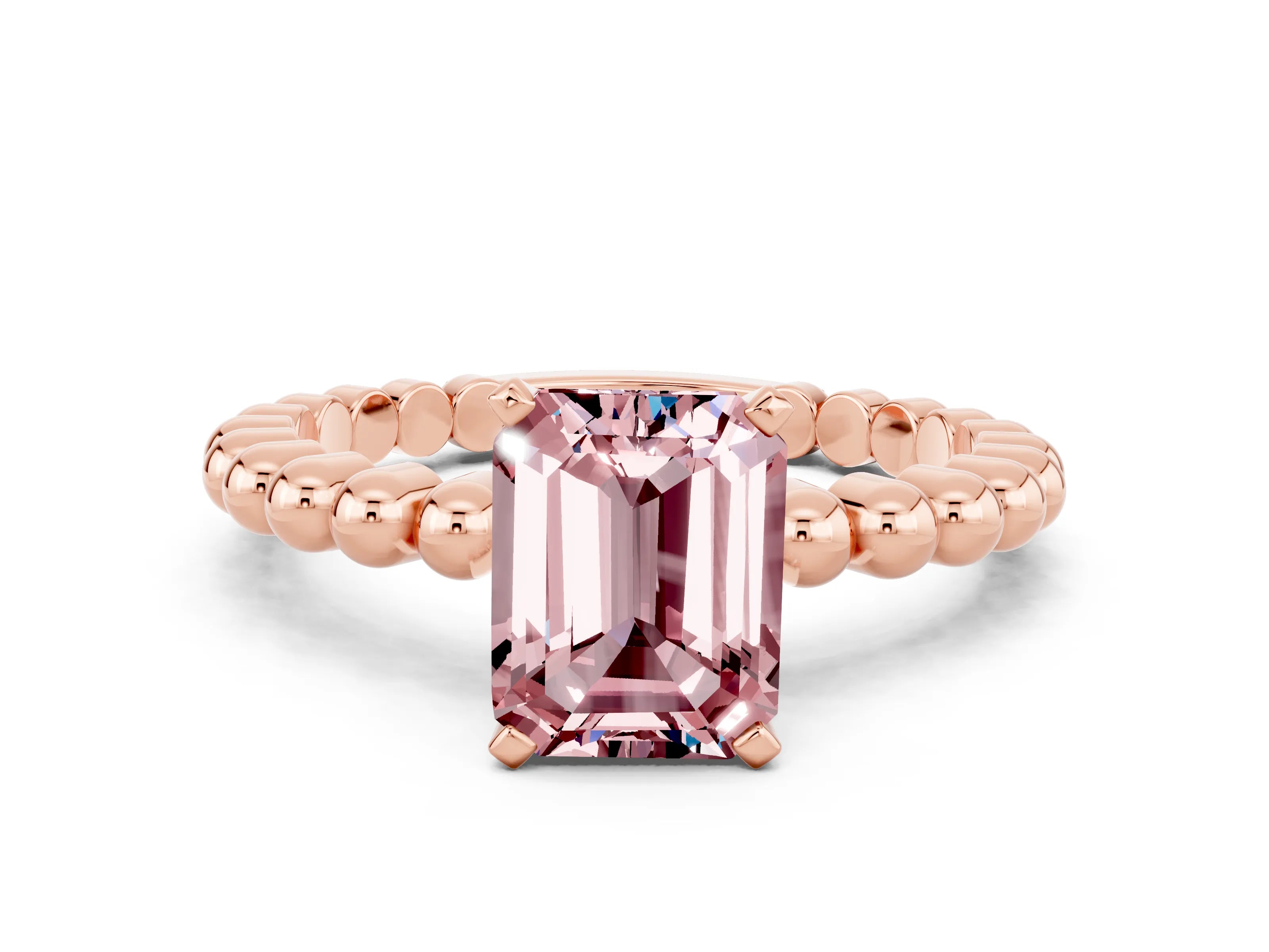 Rose gold Emerald Cut Morganite Solitaire Ring with Beaded Band and Prong Setting