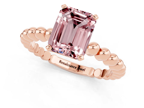 Rose gold Emerald Cut Morganite Solitaire Ring with Beaded Band and Prong Setting_1