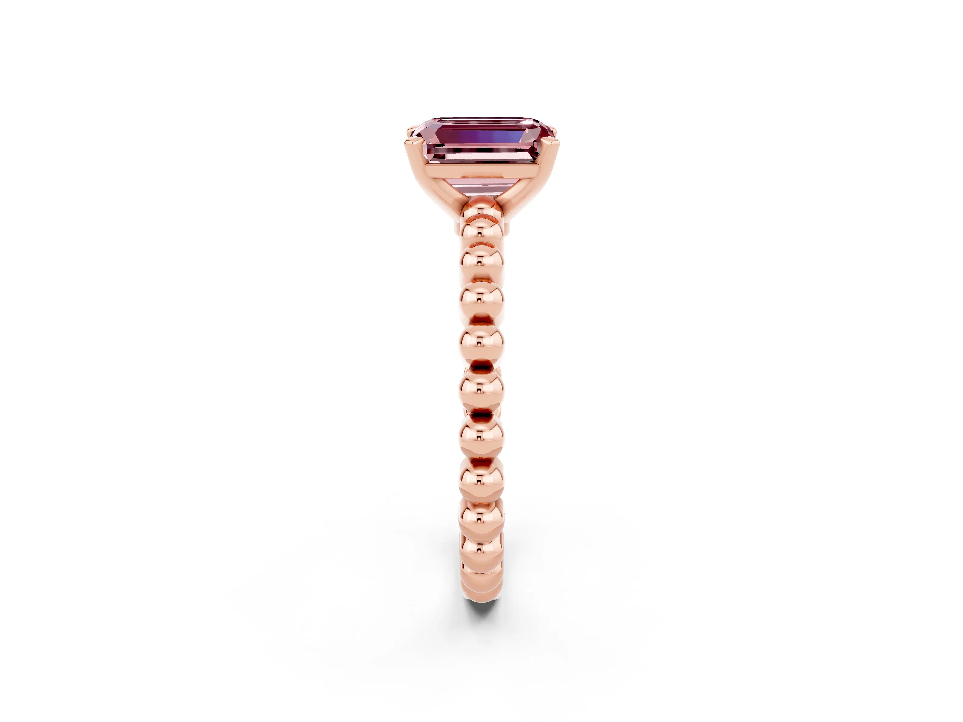 Rose gold Emerald Cut Morganite Solitaire Ring with Beaded Band and Prong Setting_2