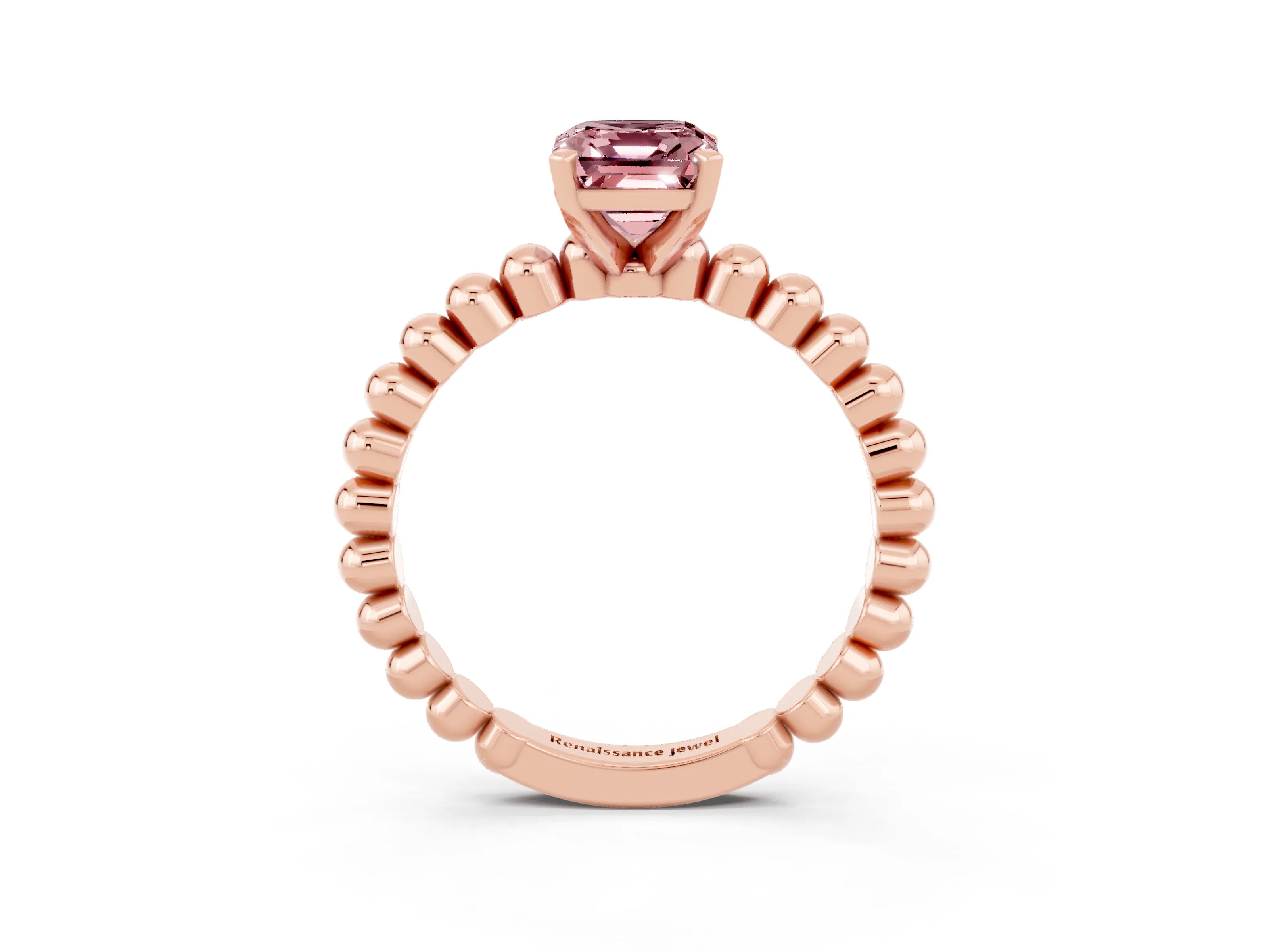 Rose gold Emerald Cut Morganite Solitaire Ring with Beaded Band and Prong Setting_3