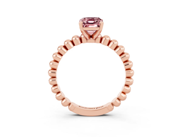 Rose gold Emerald Cut Morganite Solitaire Ring with Beaded Band and Prong Setting